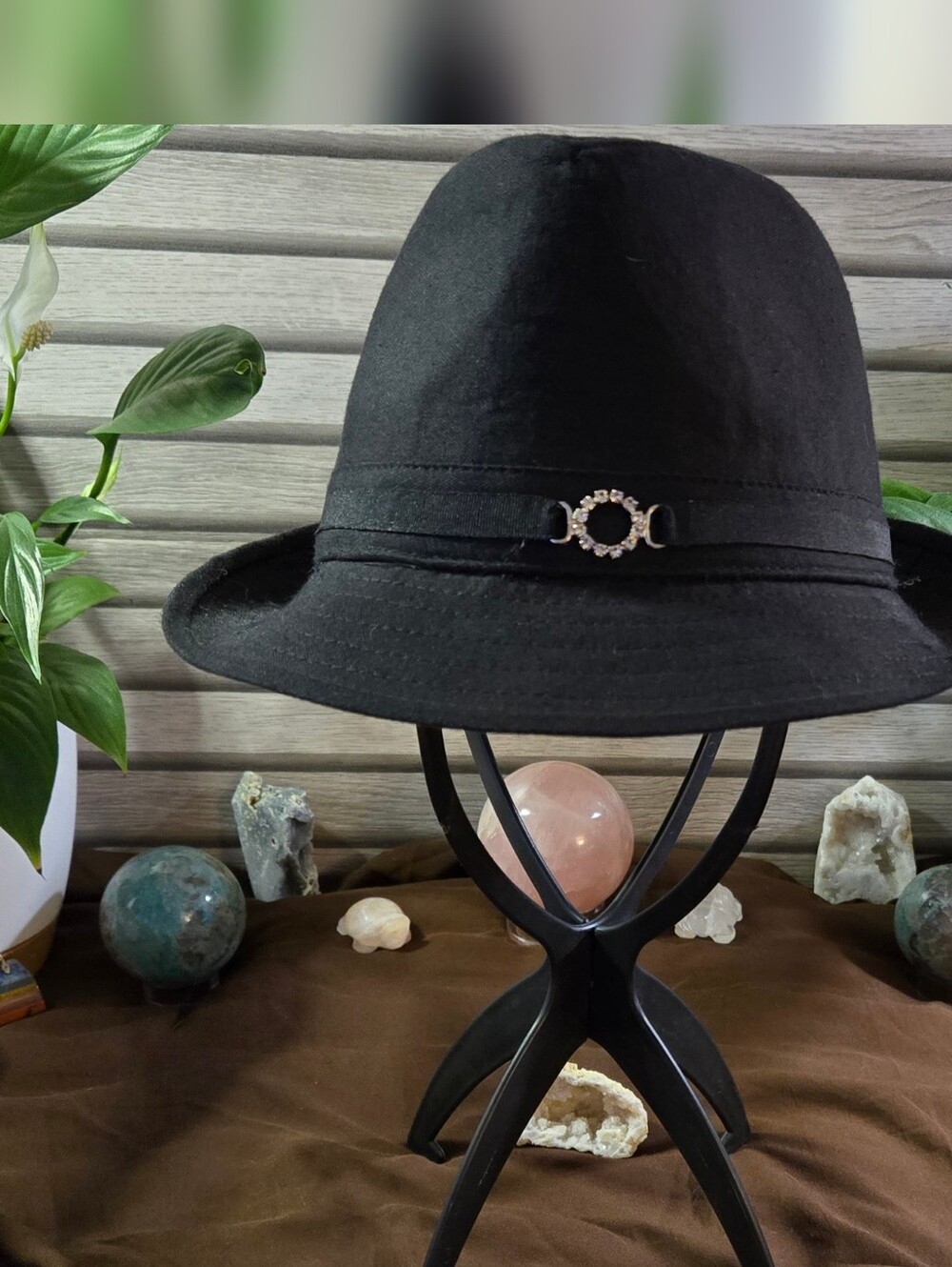 Classic Black Wool Fedora Hat with Rhinestone Accent